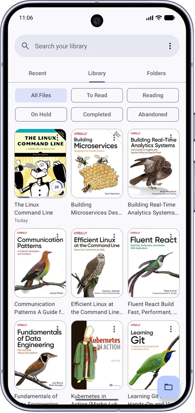 MJ PDF 3.1.0 Library tab with a grid of book covers and filters for To Read, Reading, On Hold, Completed and Abandoned