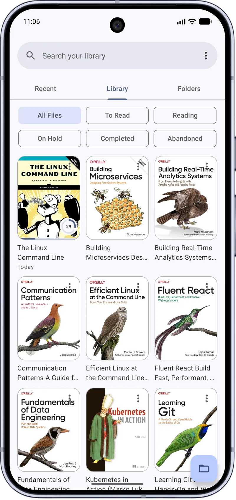 MJ PDF 3.1.0 Library tab with a grid of book covers and filters for To Read, Reading, On Hold, Completed and Abandoned