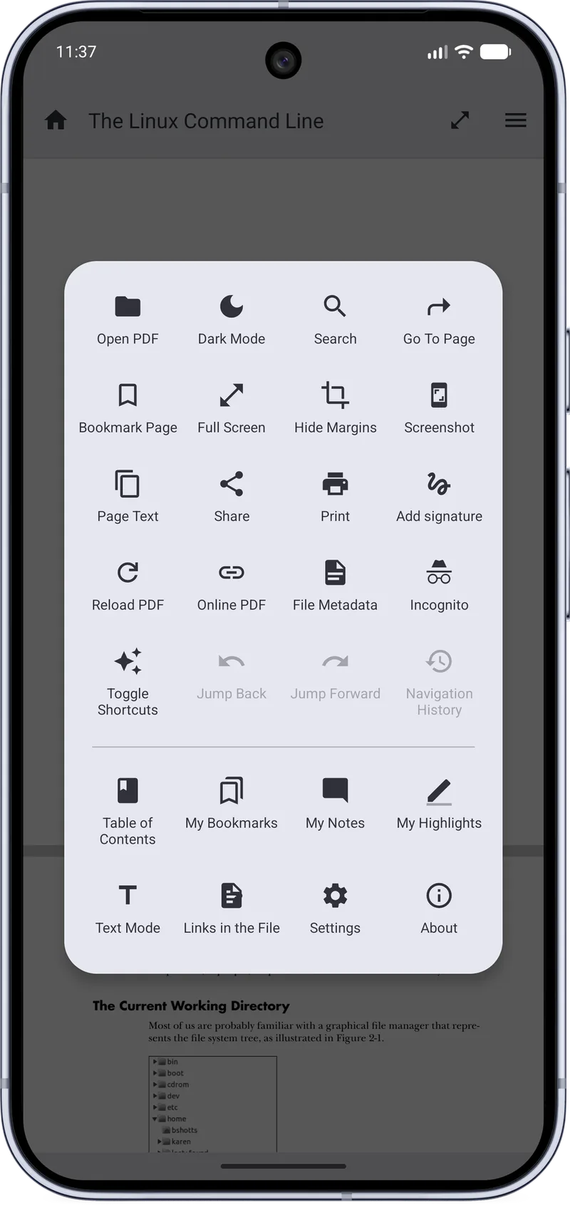 MJ PDF 3.1.0 reader menu with options such as Search, Go To Page, Full Screen, Text Mode, Table of Contents, Bookmarks, Notes and Highlights