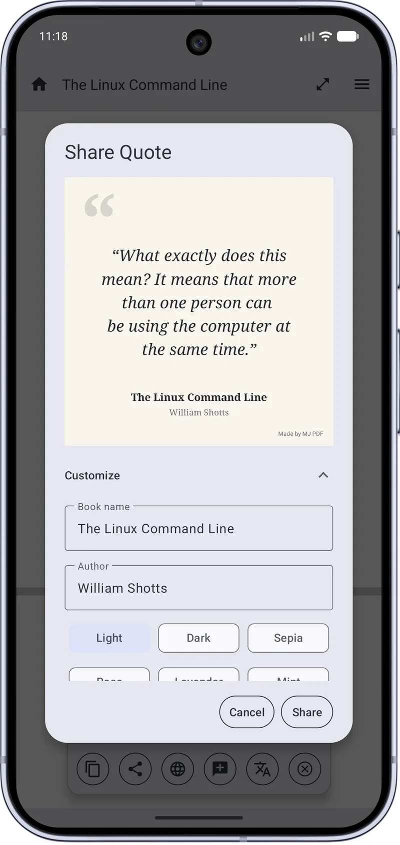 MJ PDF 3.1.0 Share Quote dialog previewing a quote card with the book name and author and light, dark and sepia themes